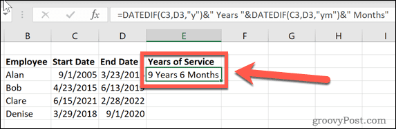 Excel datedif Jahre und Monate im Dienst