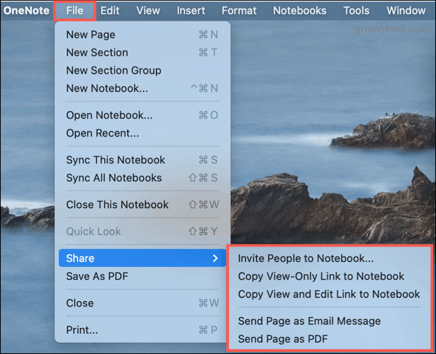 Freigabeoptionen in OneNote auf dem Mac