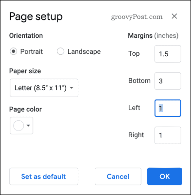 Seiteneinrichtung in Google Text & Tabellen