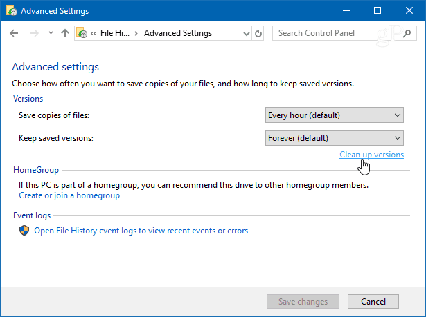 Versionen bereinigen Windows 10-Dateiversionsverlauf