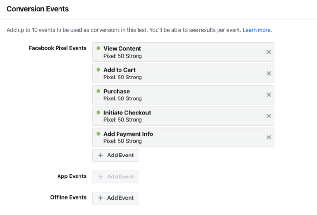 Conversion-Events für Holdout-Test für Facebook-Experimente