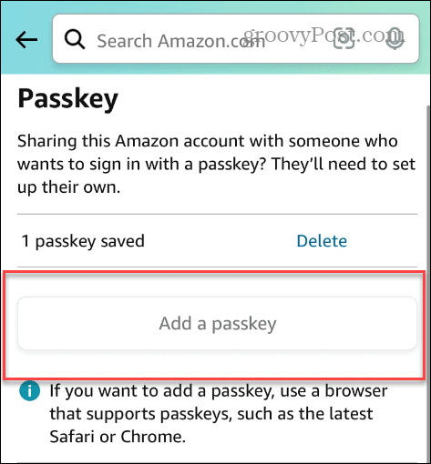 Passkey hinzufügen ausgegraute Amazon-App