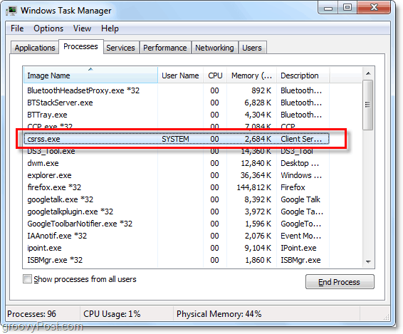 csrss.exe wie im Windows 7-Task-Manager angezeigt