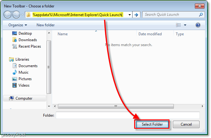 Geben Sie im neuen Symbolleistenfenster für den Schnellstart die Adresse% appdata% MicrosoftInternet ExplorerQuick Launch ein, um zum richtigen Ordner zu navigieren