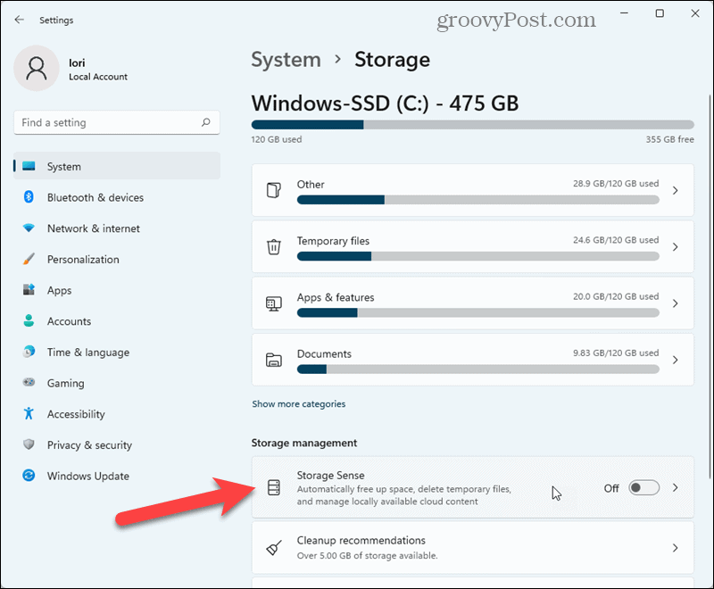 Klicken Sie in den Windows 11-Einstellungen auf Storage Sense