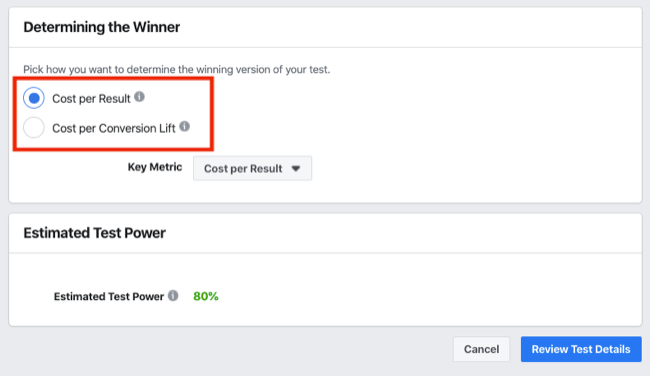 Ermittlung des Gewinnerbereichs des A / B-Tests für Facebook-Experimente