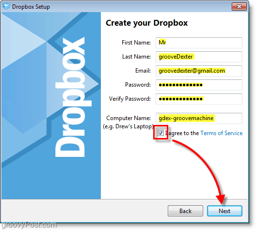 Dropbox-Screenshot - Geben Sie Ihre Kontoinformationen ein