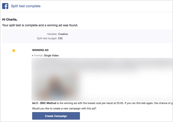 Sie erhalten eine E-Mail, nachdem Ihr Facebook-Split-Test abgeschlossen ist.