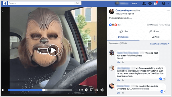 Candace Payne ging auf Facebook in einer Chewbacca-Maske vom Kohl-Parkplatz live. Zum Zeitpunkt der Aufnahme dieses Screenshots hatte ihr Video 3,4 Millionen Shares und 174 Millionen Aufrufe.