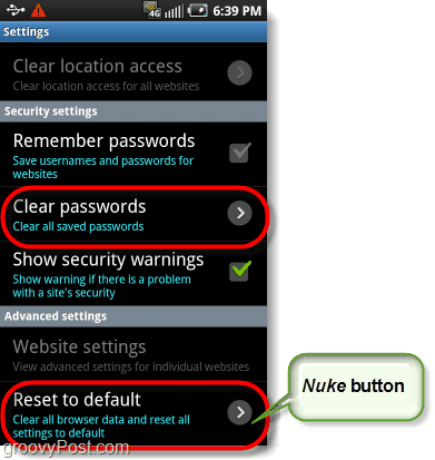 Nuke-Taste des Android-Browsers, Zurücksetzen auf die Werkseinstellungen und Löschen von Passwörtern