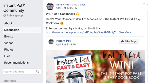 Verwendung der Funktionen von Facebook-Gruppen, Beispiel eines Seitenposts in einer Gruppe für die Instant Pot-Community