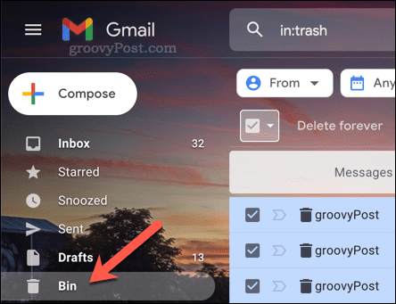 Öffnen des Papierkorbordners (Bin) in Gmail