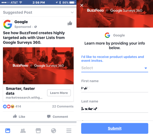 Wenn Nutzer auf eine Lead-Anzeige klicken, füllt Facebook ihre Informationen automatisch im Formular aus, um den Anmeldevorgang zu vereinfachen.