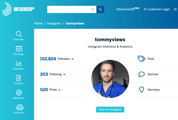 Wie man bezahlte soziale Influencer rekrutiert, Beispiel für ein InfluencerDB-Profil für Tommyviews