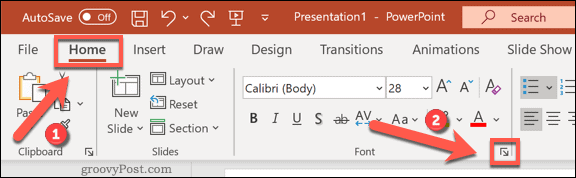 Zugriff auf das Optionsmenü "Schriftarten" in PowerPoint unter Windows