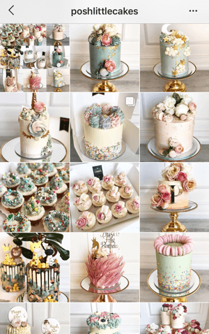 Wie Sie Ihre Instagram-Fotos verbessern können, zeigt ein Beispiel für ein Instagram-Feed-Thema von Posh Little Cakes mit einer gedämpften Farbpalette