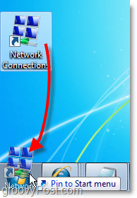 Ziehen Sie die Verknüpfung vom Desktop zum Startmenü für Netzwerkverbindungen in Windows 7