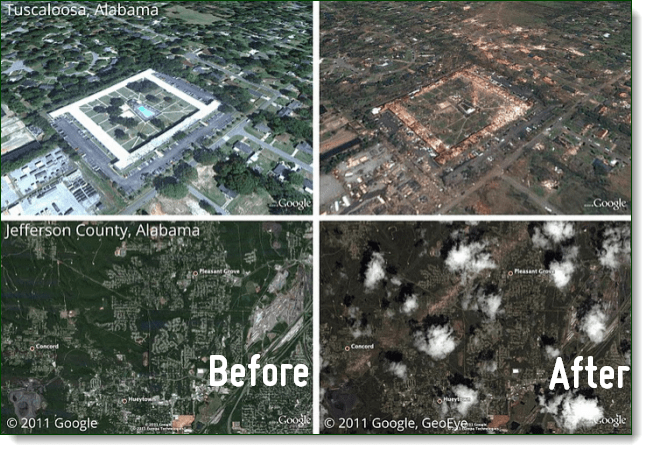 vor und nach Tornado-Fotos