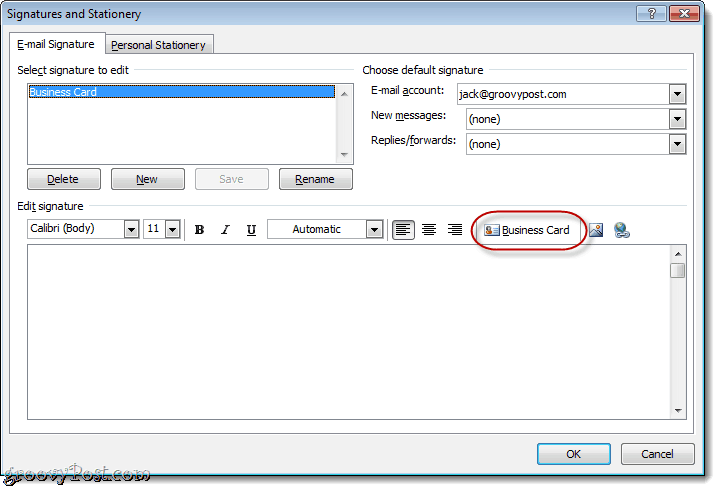 Anhängen einer Visitenkarte in die Outlook 2010-E-Mail-Signatur