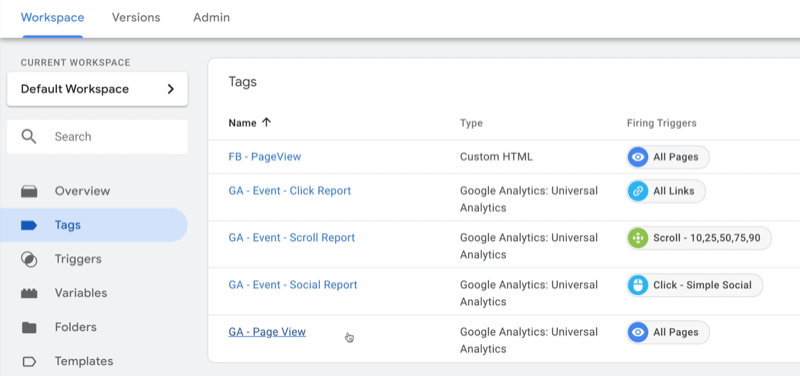 Beispiel für einen Dashboard-Arbeitsbereich im Google Tag Manager mit ausgewählten Tags und mehreren Beispiel-Tags, für die Typ und Auslöser jeweils angegeben sind