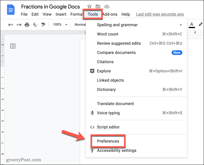 Öffnen des Einstellungsmenüs von Google Docs