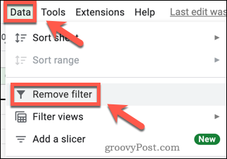 Entfernen eines Filters in Google Sheets