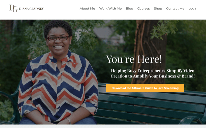 Screenshot der Website von Diana Gladney, der ihren Wunsch hervorhebt, vielbeschäftigten Unternehmern zu helfen, die Erstellung von Videos zu vereinfachen