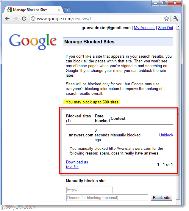 Liste Ihrer von Google blockierten Websites