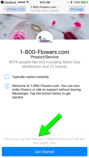 Das Senden einer Nachricht an 1-800-Flowers.com über deren Facebook-Seite erleichtert es Benutzern, Kunden zu werden.