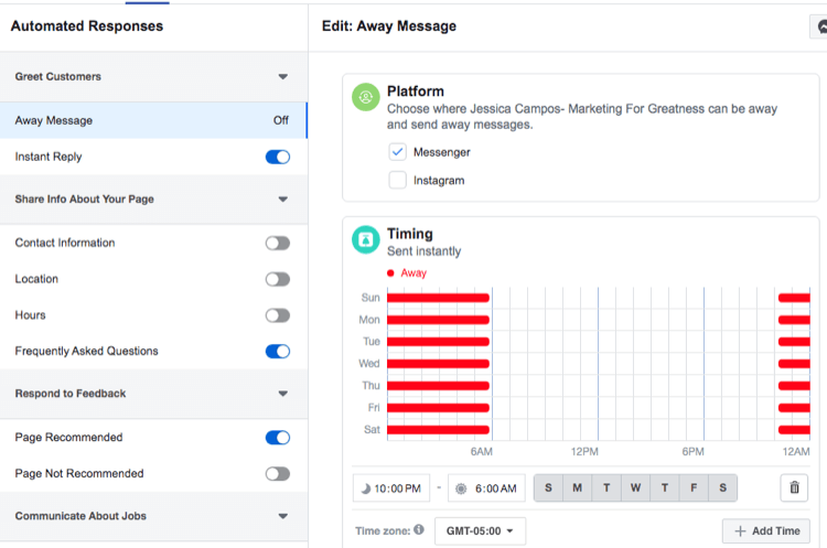 Screenshot der Timing-Einstellungen für die automatische Antwort auf Facebook Messenger-Abwesenheitsnachrichten