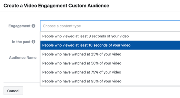 So bewerben Sie Ihr Live-Event auf Facebook, Schritt 9, erstellen Sie eine Video-Engagement-Kampagne mit Personen, die mindestens 10 Sekunden Ihres Videos angesehen haben