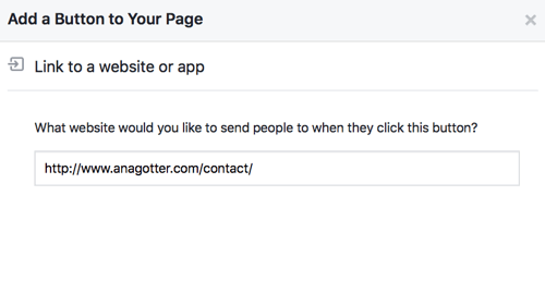 Beenden Sie die Einrichtung Ihrer Facebook-CTA-Schaltfläche mit Links oder Kontaktinformationen, damit sie voll funktionsfähig ist.