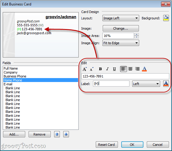 Formatieren von Feldern in vCard in Outlook 2010