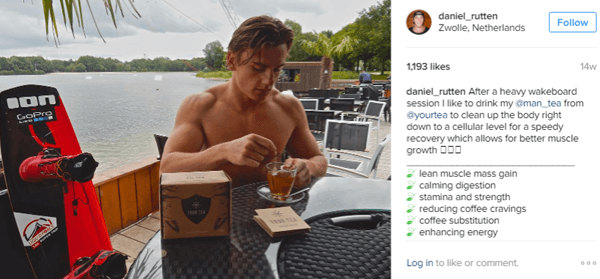 Athlet Daniel Rutten posiert mit Man Tea und hebt die Vorteile für seine Instagram-Follower hervor.