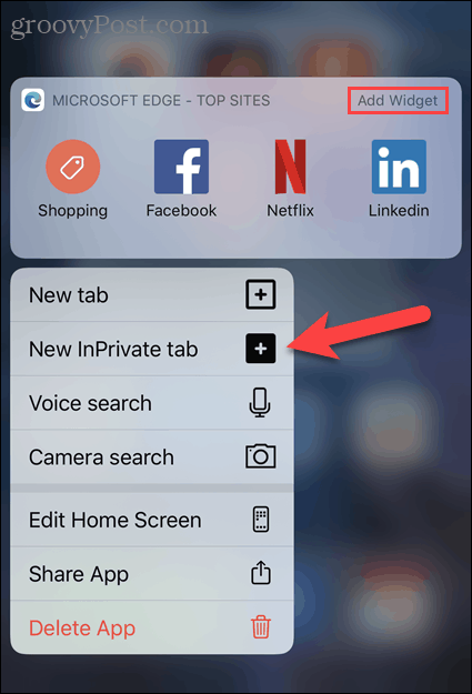 Wählen Sie in iOS unter dem Edge-Symbol die Option New InPrivate Tab