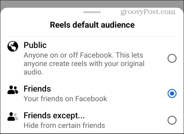 Reels Standard-Zielgruppen-Facebook-Einstellung