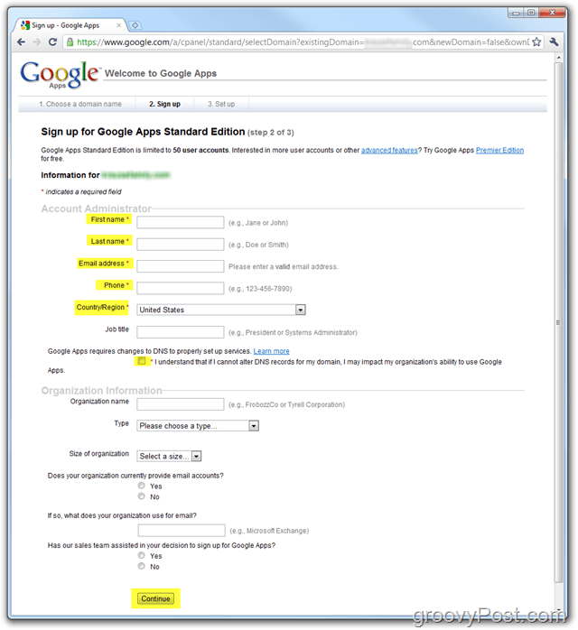 Anmeldung bei Google Apps Standard Edition Domain eingeben