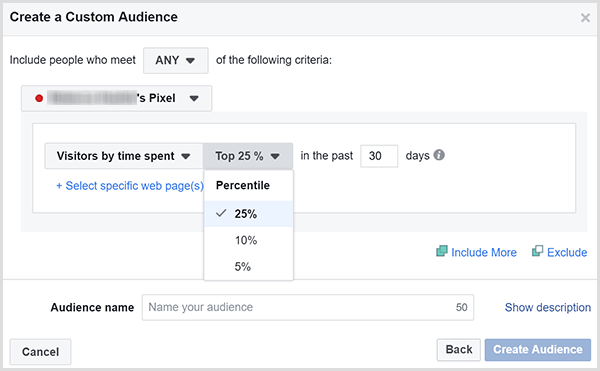 Das Dialogfeld "Benutzerdefinierte Zielgruppe erstellen" auf Facebook bietet Optionen zum Ausrichten von Anzeigen an Kunden, die die meiste Zeit auf Ihrer Website verbracht haben.