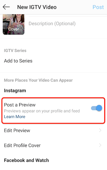 instagram igtv neue Video-Menüoptionen mit dem Beitrag eine Vorschau-Option aktiviert