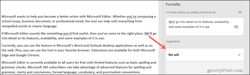 Vorschlag des Microsoft Editors