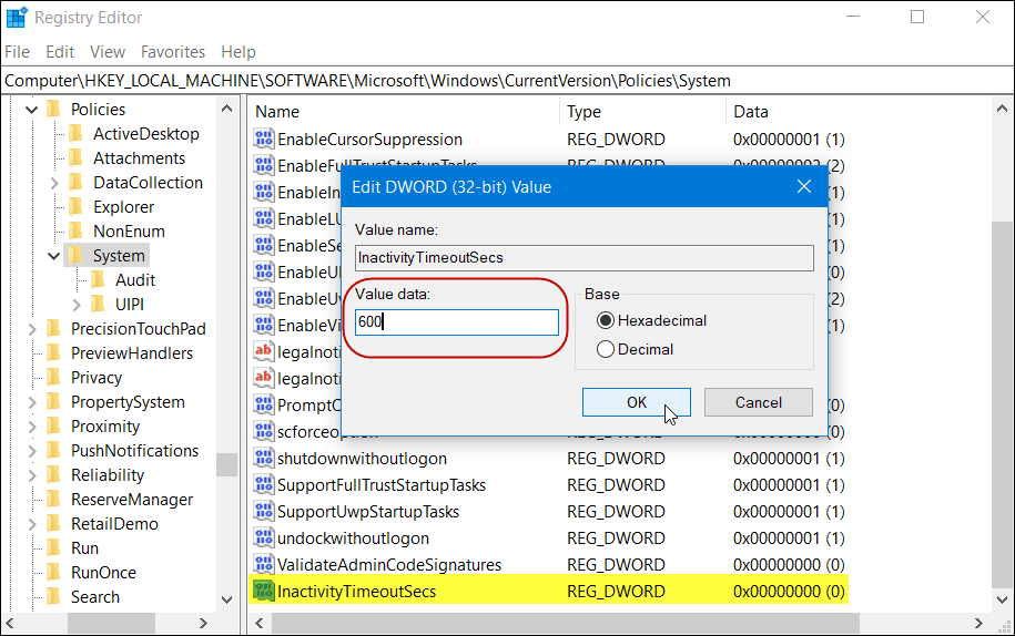 InactivityTimeoutSecs Registry Windows 10 Home-Version