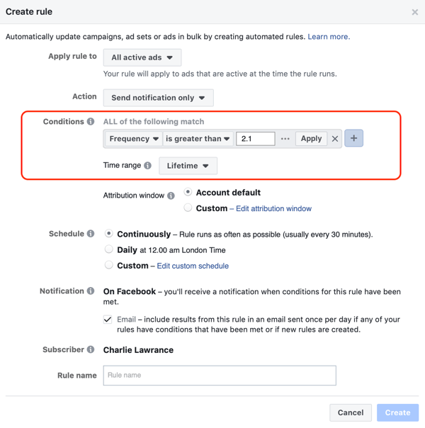 Verwenden Sie automatisierte Facebook-Regeln, Benachrichtigung bei Anzeigenfrequenz über 2.1, Schritt 2, Bedingungen