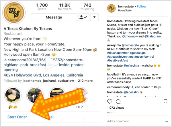 Beispiel eines Instagram-Geschäftspostens, in dem Benutzer die Verwendung der Aktionsschaltfläche "Bestellung starten" sehen