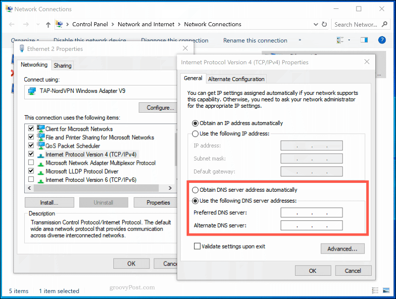 Das DNS-Einstellungsfenster für eine Netzwerkverbindung in Windows 10