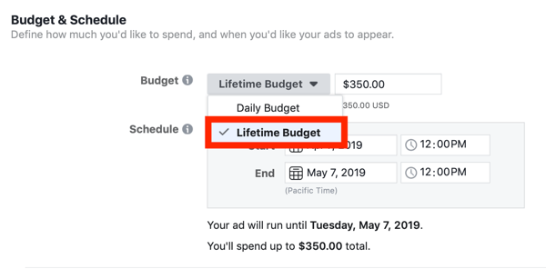 Tipps zur Senkung Ihrer Facebook-Anzeigenkosten, Option zum Festlegen des Kampagnenbudgets auf das lebenslange Budget