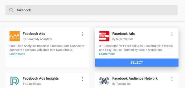 Verwenden Sie Google Data Studio, um Ihre Facebook-Anzeigen zu analysieren. Schritt 4: Option, den Facebook Ads Connector von Supermetrics als Datenquelle zu verwenden
