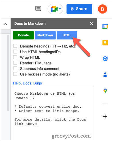 Konvertieren Sie in HTML mit Docs to Markdown in Google Docs