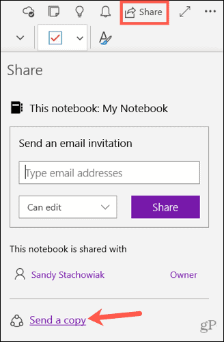 Senden Sie eine Kopie einer Notiz in OneNote für Windows 10