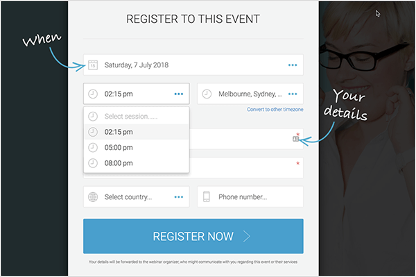 Andrew Hubbard verwendet ein immergrünes Webinar, damit potenzielle Kunden eine geeignete Registrierungszeit wählen können. Mit diesem Registrierungsformular können Personen zwischen 11:45, 14:00 oder 17:00 Uhr auswählen.