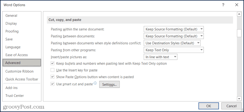 Ausschneiden Kopieren Einfügen Einstellungen in Word